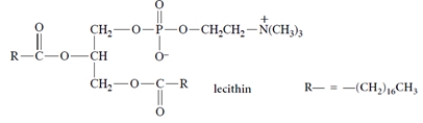 Until the FDA rescinded the permit for its use in 2002, perflubron, a mixture of 1-bromoperfluorooctyl bromide [CF<sub>3</sub>(CF<sub>2</sub>)<sub>6</sub>CF<sub>2</sub>Br] and 1-bromoperfluoroodecyl bromide [CF<sub>3</sub>(CF<sub>2</sub>)<sub>8</sub>CF<sub>2</sub>Br], was being investigated for possible use as artificial blood during surgery. Perflubron dissolves substantial amounts of oxygen; a mouse can breathe when submerged in oxygenated perflubron. Perflubron is completely insoluble in water. To make it compatible with the aqueous biological environment, it had to be suspended in water in such a way that it would form an emulsion and not separate into layers. (In an emulsion, water-insoluble substances are suspended as small particles that do not form a separate layer.) Addition of lecithin, a phospholipid from egg yolks, met this objective.   Explain the action of lecithin. As part of your explanation, use a diagram to propose a general structure of a perflubron-containing particle.<div style=padding-top: 35px> 
