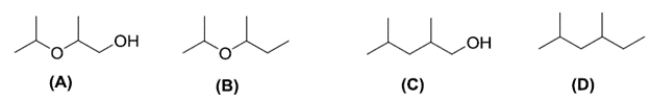 <strong>Given four compounds with the same branching pattern and similar molecular masses, which compound has the highest boiling point? </strong> A) compound A B) compound B C) compound C D) compound D