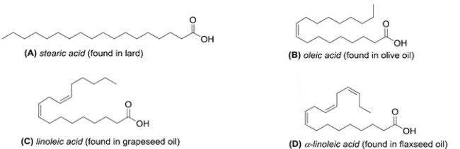 <strong>Which structure has the lowest melting point of the various 18-carbon fatty acids given? </strong> A) compound A B) compound B C) compound C D) compound D