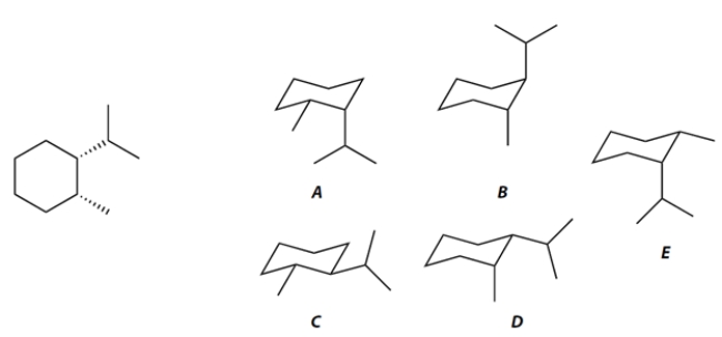 The two conformations of the hydrocarbon given in planar form at the left are compound ________________ and compound ________________. The more stable conformation of these two is compound ________________.