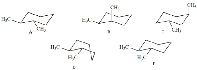 <strong>Which one of these structures is a properly drawn chair conformation of trans-1,2-dimethylcyclohexane? </strong> A) compound A B) compound B C) compound C D) compound D E) compound E