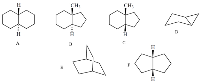 <strong>Which one of these molecules can readily undergo the chair-to-chair interconversion (chair flip)? </strong> A) compound A B) compound B C) compound C D) compound D E) compound Ef. compound F
