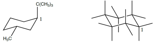 Fill in the chair template to show the ring flipped conformation of the structure on the left, numbering the carbons in the ring clockwise from the carbon labeled 1 (include hydrogens). Then circle the conformation that is the more stable.
