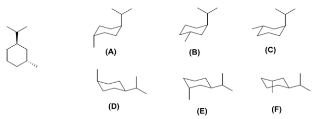 Examine the chair conformations A-F for the structure on the left. The two correct conformations of the hydrocarbon shown in the line and wedge form are compound ________________ and compound ________________. Of the two compounds you identified, compound ________________ is more stable.