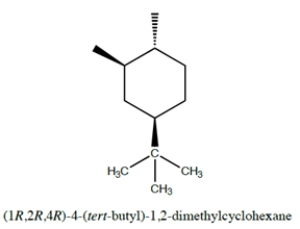 For the structure: Fill in the bonds and group structures that show the positions of the three functional groups (two methyl groups and a tert-butyl group) using the templates for the chair and the 'flipped' chair conformations provided. You do not need to include hydrogens. Use the ring numbering as indicated.