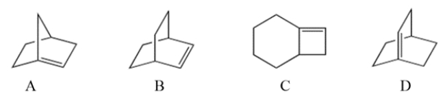 <strong>Select the bridged bicyclic compound with the formula C<sub>8</sub>H<sub>12</sub> that violates Bredt's rule. </strong> A) compound A B) compound B C) compound C D) compound D