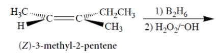 <strong>Consider the following reaction and its stereochemistry. Select the correct statements.</strong> A) The product of this reaction is enantiomerically pure (2R,3S)-3-methyl-2-pentanol. B) The product of this reaction is equal amounts of (2R,3S)-3-methyl-2-pentanol and (2S,3R)-3-methyl-2-pentanol. C) The product of this reaction is enantiomerically pure (2S,3R)-3-methyl-2-pentanol. D) The product of this reaction is considerable but unequal amounts of both (2S,3R)-3-methyl-2-pentanol and (2R,3S)-3-methyl-2-pentanol. E) The product of the reaction is all four stereoisomers of 3-methyl-2-pentanol in different but substantial amounts. F) The product of this reaction is enantiomerically pure (2R,3R)-3-methyl-2-pentanol. G) The product of this reaction is enantiomerically pure (2S,3S)-3-methyl-2-pentanol. H) The product of this reaction is (2R,3R)-3-methyl-2-pentanol and an equal amount of its enantiomer. I) The product of this reaction is a racemate. J) The product of this reaction is meso-3-methyl-2-pentanol. K) The product of this reaction is racemic 3-methyl-3-pentanol. L) The E isomer of the starting material would give the diastereomer(s) of the products formed from the Z isomer above. M) The E isomer of the starting material would give the enantiomer(s) of the products formed from the Z isomer above. N) The product of this reaction is a secondary alcohol. O) The product of this reaction is a tertiary alcohol.