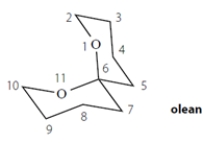 Olean is the sex attractant of the fruit fly. The female emits this compound to signal her readiness for mating. (This has been used to control fruit-fly populations in orchards.) (The numbers on the structure are for reference in the questions below.) a. Determine whether olean is chiral. Explain how you know. No credit is given without a credible explanation, which should include structures. b. Does olean have any stereocenters? If you determined that olean has stereocenters, how many does it have? If none, write NONE. c. Does olean have any asymmetric carbons? If you determined that olean has asymmetric carbons, how many does it have? If none, write NONE.