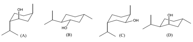<strong>Limonene is a precursor to the biosynthesis of menthol-a component of peppermint oil. The structure of the levorotatory enantiomer of menthol is given. Which structure represents the dextrorotatory enantiomer of menthol? </strong> A) compound A B) compound B C) compound C D) compound D