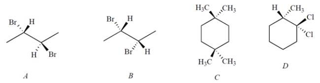 <strong>Which of the following structures represents a meso compound? </strong> A) compound A B) compound B C) compound C D) compound D E) none of these compounds
