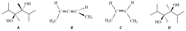 <strong>Select the two chiral compounds in this set. </strong> A) compound A B) compound B C) compound C D) compound D