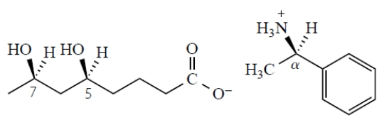 <strong>What is the stereochemistry of the stereoisomeric salt that has the same melting point as this salt? (The numbers refer to the carbons whose stereochemistry is given below.) </strong> A) 5S,7S,<font face=symbol></font>R B) 5S,7S,<font face=symbol></font>S C) 5S,7R,<font face=symbol></font>R D) 5R,7S,<font face=symbol></font>S E) 5R,7S,<font face=symbol></font>Rf. 5R,7R,<font face=symbol></font>S