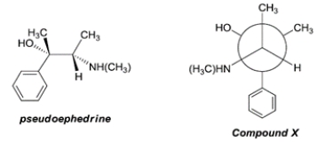 <strong>The structure of pseudoephedrine, a common decongestant, is shown below. Compare the structure of pseudoephedrine with the Newman projection of compound X. The relationship between pseudoephedrine and compound X is </strong> A) identical B) enantiomers C) diastereomers D) constitutional isomers