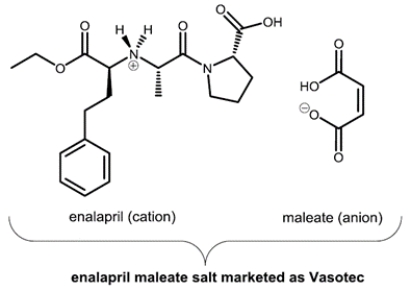 Vasotec, a drug prescribed to treat hypertension, is a salt of enalapril cation and maleate anion. a. What is the number of asymmetric centers in Vasotec? b. What is the number of stereocenters in Vasotec? c. There are multiple asymmetric centers in Vasotec. Mark an asymmetric center in the structure of Vasotec above with an asterisk (*). What is the configuration of the asymmetric center you have identified (R/S)? d. What is the configuration of the double bond in maleate anion (E/Z)?