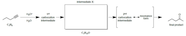 Consider the scheme. a. Draw the structure of intermediate X, which has the formula shown under in the box provided. b. What special kind of functional group is present in intermediate X? c. What special kind of functional group is present in the product?