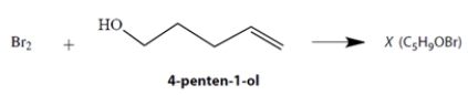 A student allowed an alcohol, 4-penten-1-ol, to react with Br<sub>2</sub>, expecting to observe a simple addition of Br<sub>2</sub> to the double bond. Instead, she isolated a compound X that proved to have the formula C<sub>5</sub>H<sub>9</sub>OBr. The reaction mixture from which X was isolated was very acidic. Using mechanistic reasoning, including the curved-arrow notation, propose a structure for compound X. Show your logic at every step of the way! Your answer should explain why the reaction mixture became acidic.