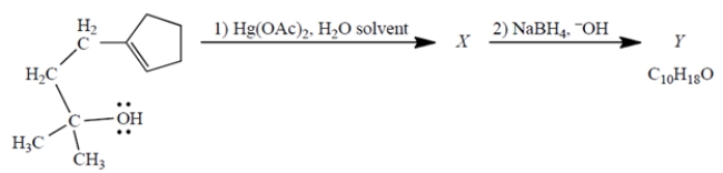 Consider the reaction, in which X is a stable, mercury-containing compound (not a reactive intermediate). Compound Y does not react with either Br<sub>2</sub>, H<sub>2</sub>/catalyst, or ozone. a. What do you deduce about the structure of Y solely from its formula and the reactivity (or unreactivity) data give? Explain briefly. b. Use mechanistic reasoning to deduce the structure of X. Use the curved-arrow notation; show all relevant unshared pairs and charges. Then, using what you know about step (2)-no mechanisms!-deduce the structure of the product Y.