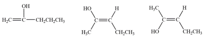 The enols are formed by removing an alpha proton from each side of the ketone and forming a pi bond. The three enols are   