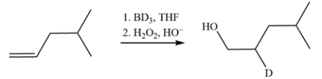 This transformation is simply a hydroboration-oxidation reaction where the source of deuterium is BD<sub>3</sub> (replacing BH<sub>3</sub>). The deuterium adds to the more substituted alkene carbon while the hydroxy group will end up on the less substituted alkene carbon.   