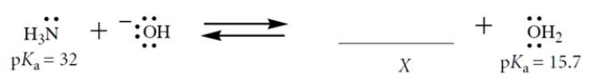 Consider this Brønsted acid-base equilibrium: 1. Fill in the structure of X; show formal charge and all valence electrons. 2. What is K<sub>eq</sub> for this reaction for the left-to-right direction? 3. If the reaction starts out with 1 M NaOH and 0.5 M NH<sub>3</sub> in the solvent water (55.5 M), which species (other than water) is present in the highest concentration at equilibrium?