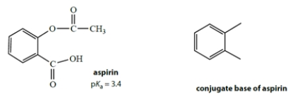 Aspirin has the structure on the left with a pK<sub>a</sub> of 3.4. a. Complete the structure on the right for the conjugate base of aspirin. b. In a large excess of stomach acid at pH = 2, calculate the fraction of aspirin that is ionized (to 2 significant figures).