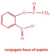 a. The conjugate base of aspirin is formed by losing the acidic proton. The pK<sub>a</sub> tells us that this is the carboxylic acid is the acidic group. The conjugate acid is the following anion:    b. Calculate the fraction dissociated from the Henderson-Hasselbalch equation or, more easily, from Eq. 3.67a, with Δ = pH − pK<sub>a</sub> = 2 − 3.4 = −1.4.    Therefore, aspirin is 3.8% ionized under these conditions. (If there is any doubt whether to use the equation with the Δ or −Δ in the denominator, we know that the fraction ionization is small because the pH is much lower than the pK<sub>a</sub>. Therefore, the second term in the denominator must be large.)