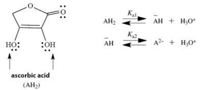 Ascorbic acid (Vitamin C) is a diprotic acid with two pK<sub>a</sub> values; pK<sub>a1</sub> = 4.2 and pK<sub>a2</sub> = 11.6. The two acidic groups are the two -OH groups, indicated by arrows in the structure. If we let AH<sub>2</sub> represent ascorbic acid, its successive ionized species can be abbreviated by <sup>−</sup>AH and A<sup>2</sup><sup>−</sup>. Draw the structure of <sup>−</sup>AH and its two resonance structures. Draw the curved arrow notation to convert each structure to the next. (Hint: In one structure, charge is delocalized into the C=O group.)