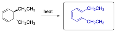   The reaction is a ring-opening electrocyclic reaction. There are six electrons involved in the reaction and it is heated, so the reaction will be disrotatory. The two ethyl substituents can be either cis/cis or trans/trans. The cis/cis would be highly hindered, so the trans/trans isomer predominates.