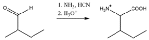 The Strecker synthesis starts with an aldehyde and reacts with ammonia to form an imine. Cyanide then adds to form an <font face=symbol></font>-amino nitrile. The nitrile is then hydrolyzed to give a carboxylic acid.    ​ The R group and hydrogen bonded to the alpha carbon on the amino acid must come from the aldehyde. So, the synthesis will be:   
