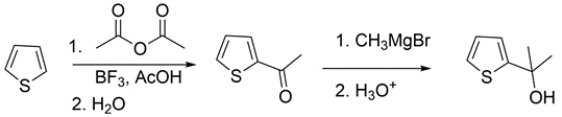   The first step is an electrophilic aromatic substitution to add the acetyl group. The second step is a Grignard addition to the ketone to give the tertiary alcohol. ​