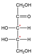 A carbohydrate with a ketone group is called a ketose, and carbohydrates are classified by the number of carbons they contain. The structure is a ketopentose since it has five carbons and a ketone. There are two chiral carbons, so there are four total stereoisomers possible.