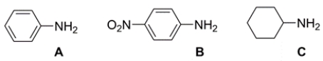 <strong>Rank the amines from most basic to least basic. </strong> A) A > B > C B) C > B > A C) C > A > B D) B > A > C