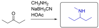 Sodium cyanoborohydride (NaBH<sub>3</sub>CN) is a reagent used in reductive amination of an aldehyde or ketone. The amine will initially form an imine, and the imine will be reduced by the NaBH<sub>3</sub>CN to give a secondary amine.   