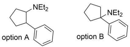 The conditions indicate a Hofmann elimination occurred. Recall that the first step of the Hofmann elimination is alkylation of an amine to form a good leaving group. In the second step, the Ag<sub>2</sub>O acts as a base to drive an E2 elimination and form an alkene. Working backward, the amine must have been bonded to one of the alkene carbons, and the methyl group on the amine came from the CH<sub>3</sub>I.    Note that option A has two possible beta hydrogens that can be removed. Elimination of the tertiary proton will give the products indicated, but the major product will be removal of the secondary proton, since it forms the less stable disubstituted alkene. Option B has only one possible beta hydrogen and the elimination will give the desired product. Therefore, option B must have been the unknown compound.
