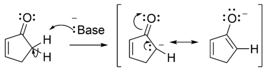 The enolate is formed by deprotonation of an alpha carbon. There is only one alpha proton that can be deprotonated since the other alpha proton is vinyl. Deprotonation forms a carbanion whose electrons can be delocalized to the oxygen to form the other enolate.