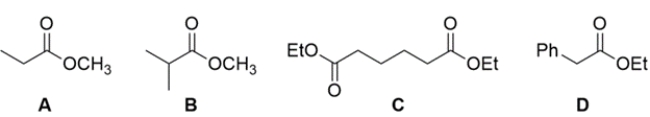 <strong>Which ester cannot be used in a Claisen condensation? </strong> A) compound A B) compound B C) compound C D) compound D
