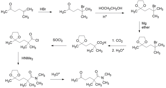Working backward, the product has added a carbon to the starting material. The product is an amide, so the precursor might have been a carboxylic acid. The precursor to a carboxylic acid could have been a Grignard with CO<sub>2</sub>. The Grignard would come from an alkyl halide, which could come from the addition of HBr to the starting alkene.    Note that the starting material contains a carbonyl that is not changed throughout the synthesis, but would be reactive with the Grignard reagent, so it needs to be protected. The synthesis in the forward direction would be:   