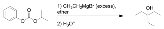 When the mixed carbonate below is treated with an excess of ethyl magnesium bromide, the indicated tertiary alcohol is formed in high yield. Write a detailed reaction mechanism for the first step of the reaction. Label end of step 1 at the appropriate location. Indicate all organic products including by-products at the end of step 2.
