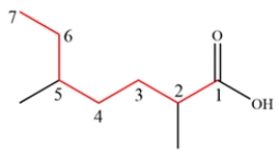 The longest chain containing the carboxylic acid is highlighted in red below. The name is 2,5-dimethylheptanoic acid.