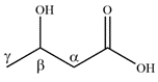 As in aldehydes and ketones, the carbons next to the functional group can be denoted by Greek letters. There are four carbons in the molecule, so the parent chain is butyric acid. The hydroxy group is on the beta carbon, so the name is <font face=symbol></font>-hydroxybutyric acid.