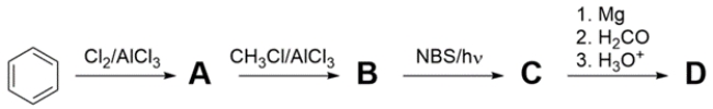 Provide structures for products A-D. The <sup>1</sup>H NMR spectrum of D is given. 
