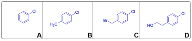 Step 1 is chlorination of benzene. Step 2 is the Friedel-Crafts alkylation of chlorobenzene. Step 3 is the bromination of the benzyl protons to give a benzyl bromide. Step 4 converts the bromide to a Grignard reagent, then reacts with formaldehyde to give a primary alcohol.    Compound D matches the <sup>1</sup>H NMR spectra. The four protons >7ppm belong to the aromatic protons. The singlet is the hydroxy proton. The two triplets belong to the -CH<sub>2</sub>CH<sub>2</sub>- group.