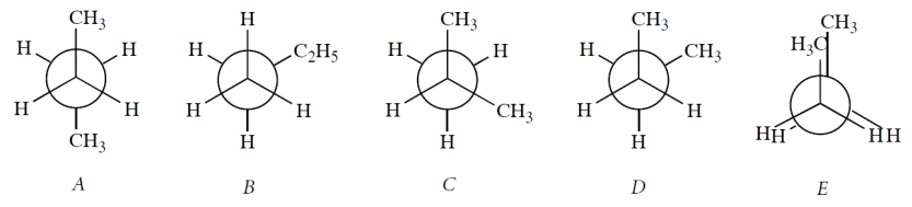 Select all Newman projections that are valid Newman projections for stable conformations of butane. (Stable means located at any energy minimum in a plot of energy vs. dihedral angle.) 