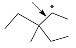 <strong>Consider the alkane, shown in a skeletal structure. Which of the Newman projections depicts one of the staggered conformations of this compound about the projected bond (arrow) when viewed with the carbon marked with a * in the front? </strong> A) B) C) D)