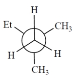 <strong>Consider the alkane, shown in a skeletal structure. Which of the Newman projections depicts one of the staggered conformations of this compound about the projected bond (arrow) when viewed with the carbon marked with a * in the front? </strong> A) B) C) D)