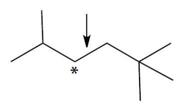Complete a Newman projection of the most stable conformation of this compound about the bond marked with the arrow. The carbon with the asterisk should be in front. You can use group abbreviations for large groups. 