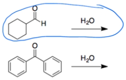 a. In both cases, a carbonyl is treated with water to form a hydrate. In general, addition is more favorable for aldehydes than ketones. The second reaction is less favorable since the benzene rings can donate electrons by resonance to the carbonyl carbon. b. In both cases, an aldehyde reacts with water to form a hydrate. The aldehyde with the electron-withdrawing fluorines will make the carbonyl addition more favorable due to the polar effect.