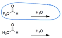 a. In both cases, a carbonyl is treated with water to form a hydrate. In general, addition is more favorable for aldehydes than ketones. The second reaction is less favorable since the benzene rings can donate electrons by resonance to the carbonyl carbon. b. In both cases, an aldehyde reacts with water to form a hydrate. The aldehyde with the electron-withdrawing fluorines will make the carbonyl addition more favorable due to the polar effect.