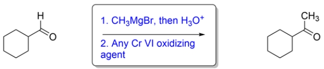   The overall reaction is a substitution of an aldehyde hydrogen with a methyl group. There is no direct way of achieving this transformation, so consider the methods you know for generating a carbon-carbon bond. A Grignard addition to the aldehyde would generate a secondary alcohol. The alcohol could then be oxidized to the ketone.
