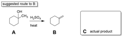 Two students working in a laboratory are tasked to synthesize compound B from compound A. The first student thinks that a dehydration reaction, treating A with strong acid and heat, will do the trick. The second student disagrees and says the reaction will not work as intended. a. Explain why the second student is right and predict the more likely product (C) of the reaction. b. If you could start with cyclohexanone, how would you prepare B? You may use any other reagents you want. Show all steps and intermediates, but reaction mechanisms are not necessary.